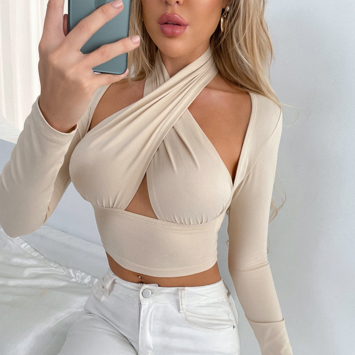 Elegantes Damen Oberteil mit Kreuzkragen – Slim Fit Langarm Shirt